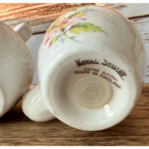 Rare Royal Stuart Bone China Tea Kettle Shaped Porcelain Salt & Pepper Shakers - Picture 7 of 8